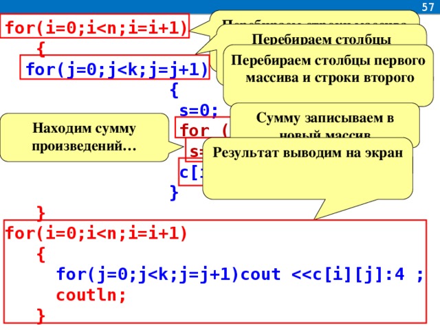 57 Перебираем строки массива который получится в результате умножения for(i=0;i  {  for(j=0;j  {  s=0;  for (l=0;l  s=s+a[i][l]*b[l][j];  c[i][j]=s;  }  }  for(i=0;i  {  for(j=0;j  coutln;  }  Перебираем столбцы массива который получится в результате умножения Перебираем столбцы первого массива и строки второго Сумму записываем в новый массив Находим сумму произведений… Результат выводим на экран