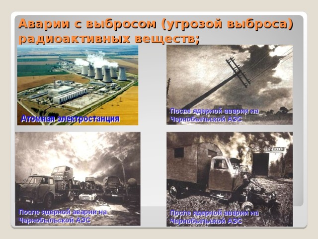 Аварии с выбросом (угрозой выброса) радиоактивных веществ; 