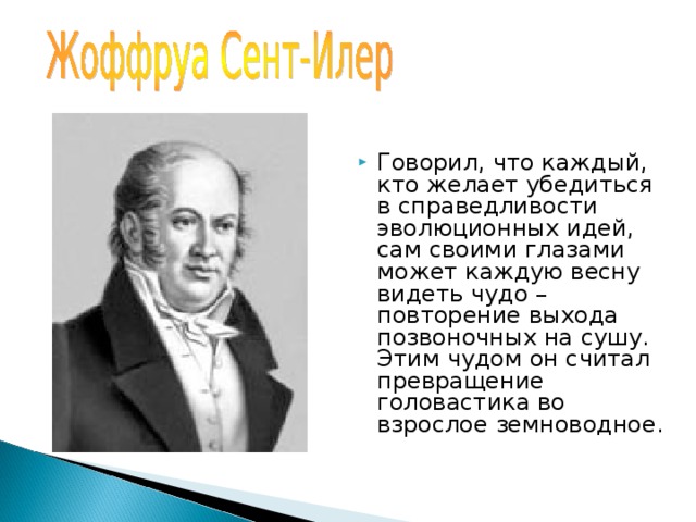 Говорил, что каждый, кто желает убедиться в справедливости эволюционных идей, сам своими глазами может каждую весну видеть чудо – повторение выхода позвоночных на сушу. Этим чудом он считал превращение головастика во взрослое земноводное. 