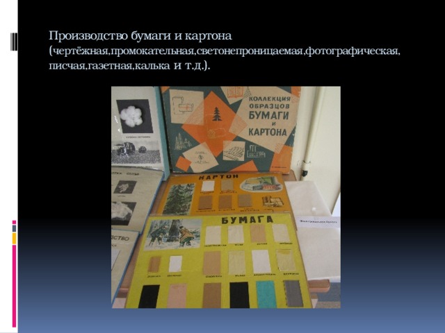 Производство бумаги и картона ( чертёжная,промокательная,светонепроницаемая,фотографическая, писчая,газетная,калька и т.д.). 