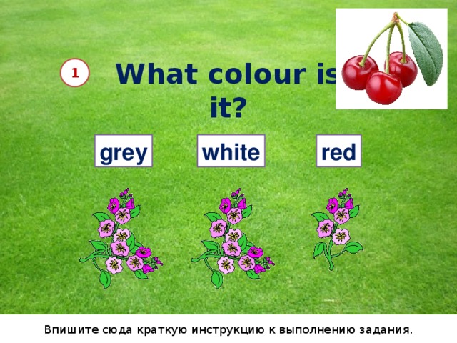 What colour is it? 1 grey white red Впишите сюда краткую инструкцию к выполнению задания. 10 