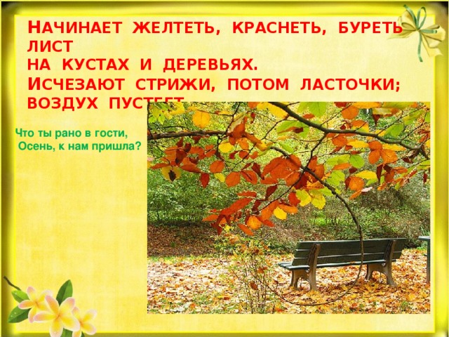 Н АЧИНАЕТ ЖЕЛТЕТЬ, КРАСНЕТЬ, БУРЕТЬ ЛИСТ  НА КУСТАХ И ДЕРЕВЬЯХ.  И СЧЕЗАЮТ СТРИЖИ, ПОТОМ ЛАСТОЧКИ; ВОЗДУХ ПУСТЕЕТ. Что ты рано в гости,  Осень, к нам пришла? 