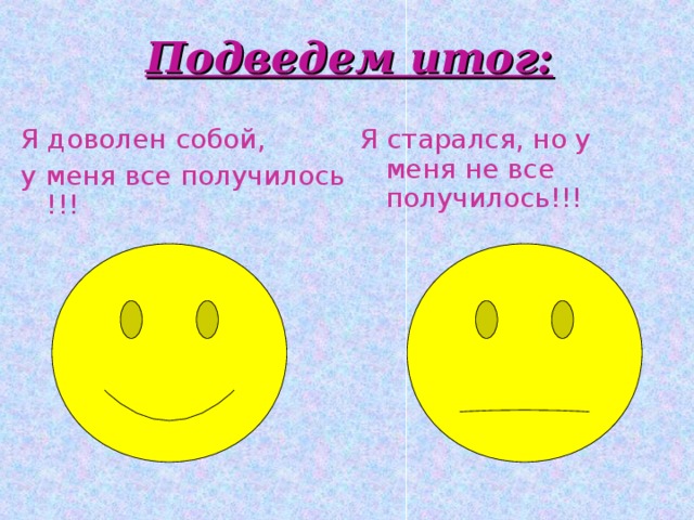 Подведем итог: Я доволен собой, у меня все получилось !!! Я старался, но у меня не все получилось!!! 