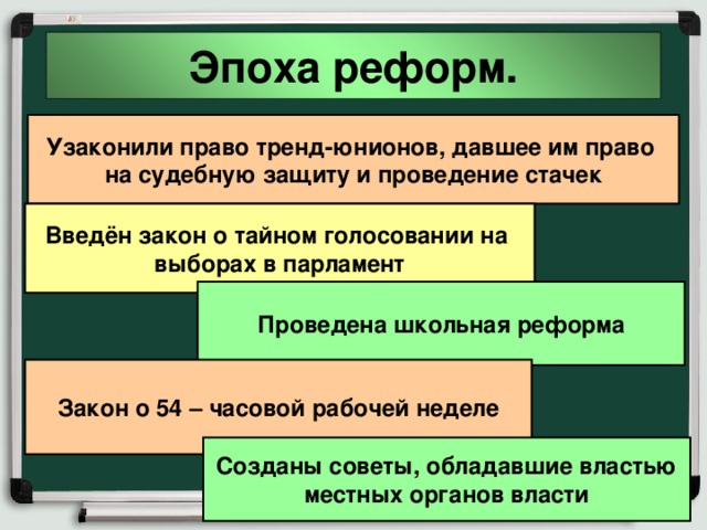 Эпоха реформ. Узаконили право тренд-юнионов, давшее им право на судебную защиту и проведение стачек Введён закон о тайном голосовании на выборах в парламент Проведена школьная реформа Закон о 54 – часовой рабочей неделе Созданы советы, обладавшие властью местных органов власти 