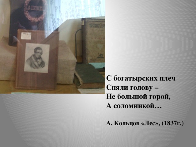 С богатырских плеч Сняли голову – Не большой горой, А соломинкой…  А. Кольцов «Лес», (1837г.)