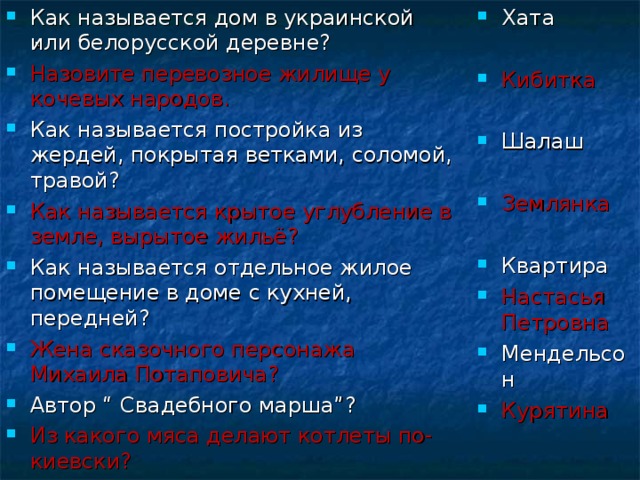 Хата  Кибитка  Шалаш  Землянка  Квартира Настасья Петровна Мендельсон Курятина  Как называется дом в украинской или белорусской деревне? Назовите перевозное жилище у кочевых народов. Как называется постройка из жердей, покрытая ветками, соломой, травой? Как называется крытое углубление в земле, вырытое жильё? Как называется отдельное жилое помещение в доме с кухней, передней? Жена сказочного персонажа Михаила Потаповича? Автор “ Свадебного марша”? Из какого мяса делают котлеты по-киевски? . 