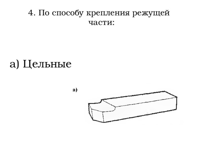 4. По способу крепления режущей части: а) Цельные  