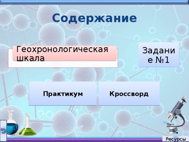 Содержание Задание №1 Геохронологическая шкала Кроссворд Практикум Ресурсы 