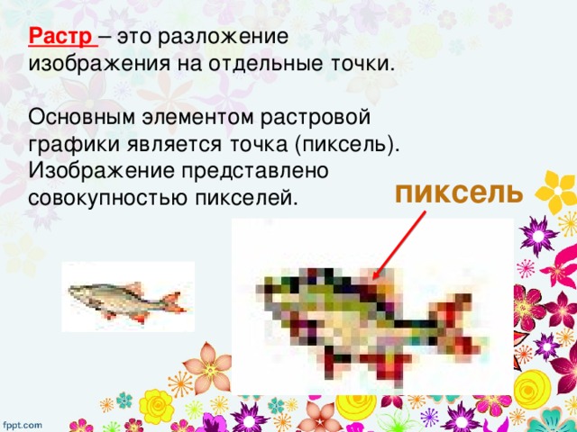 Растр – это разложение изображения на отдельные точки. Основным элементом растровой графики является точка (пиксель). Изображение представлено совокупностью пикселей. пиксель 