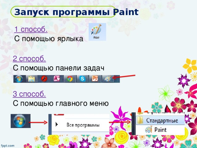 Запуск программы Paint 1 способ. С помощью ярлыка 2 способ. С помощью панели задач 3 способ. С помощью главного меню 