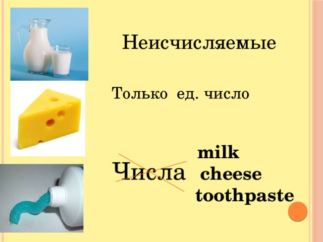 Неисчисляемые Только ед. число  milk  cheese toothpaste Числа 