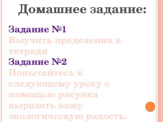 Домашнее задание: Задание №1 Выучить пределения в тетради Задание №2 Попытайтесь к следующему уроку с помощью рисунка выразить вашу экологическую радость. 