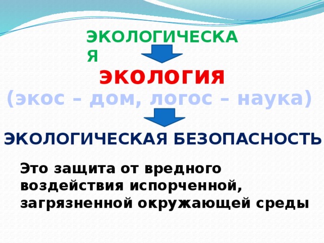 ЭКОЛОГИЧЕСКАЯ экология (экос – дом, логос – наука) Экологическая безопасность Это защита от вредного воздействия испорченной, загрязненной окружающей среды 