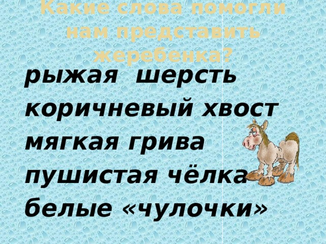 Какие слова помогли нам представить жеребенка? рыжая шерсть коричневый хвост мягкая грива пушистая чёлка белые «чулочки» 