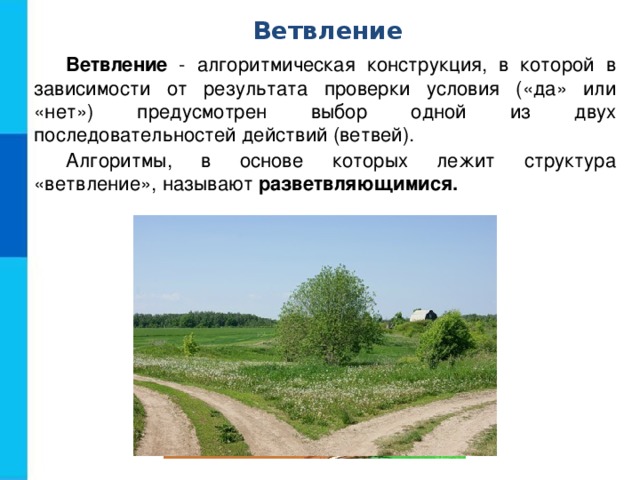 Ветвление Ветвление - алгоритмическая конструкция, в которой в зависимости от результата проверки условия («да» или «нет») предусмотрен выбор одной из двух последовательностей действий (ветвей). Алгоритмы, в основе которых лежит структура «ветвление», называют разветвляющимися. 