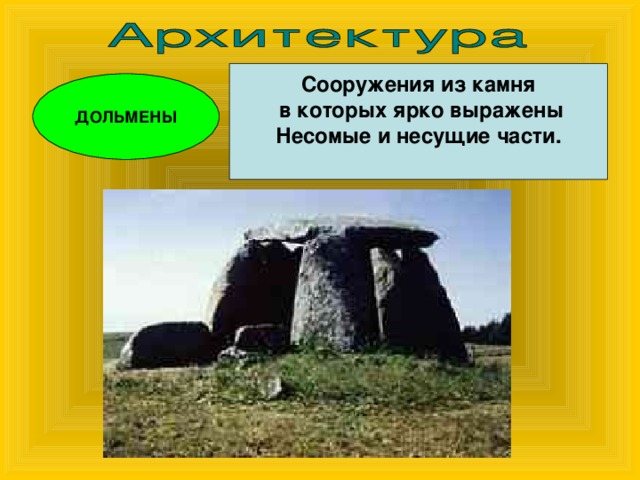 Сооружения из камня  в которых ярко выражены Несомые и несущие части.  ДОЛЬМЕНЫ 