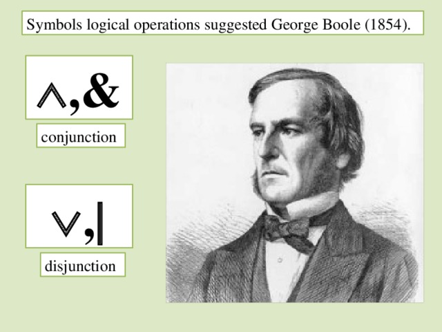 Symbols logical operations suggested George Boole (1854).  ,& conjunction  ,  disjunction