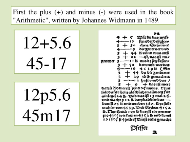 First the plus ( + ) and minus (-) were used in the book 