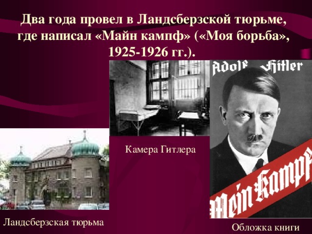 Два года провел в Ландсберзской тюрьме, где написал «Майн кампф» («Моя борьба», 1925-1926 гг.).  Камера Гитлера Ландсберзск ая тюрьм а Обложка книги 