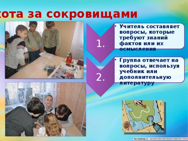 1. Учитель составляет вопросы, которые требуют знаний фактов или их осмысления Учитель составляет вопросы, которые требуют знаний фактов или их осмысления 2. Группа отвечает на вопросы, используя учебник или дополнительную литературу Группа отвечает на вопросы, используя учебник или дополнительную литературу Охота за сокровищами