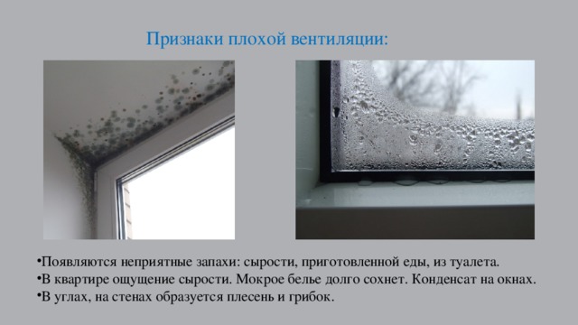 Признаки плохой вентиляции: Появляются неприятные запахи: сырости, приготовленной еды, из туалета. В квартире ощущение сырости. Мокрое белье долго сохнет. Конденсат на окнах.  В углах, на стенах образуется плесень и грибок.  