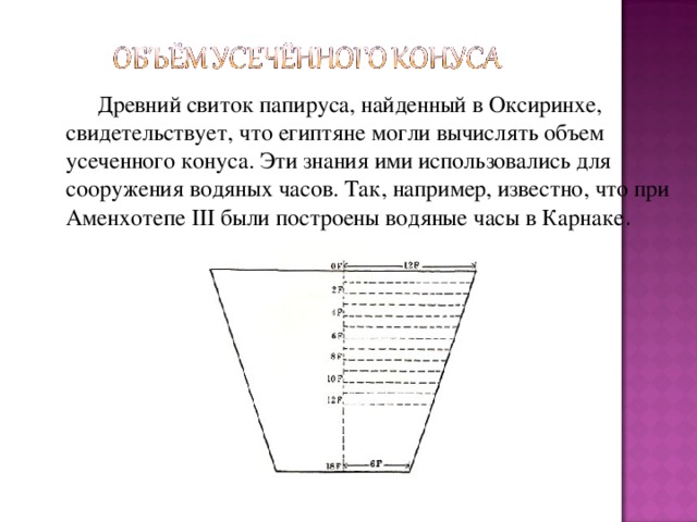  Древний свиток папируса, найденный в Оксиринхе, свидетельствует, что египтяне могли вычислять объем усеченного конуса. Эти знания ими использовались для сооружения водяных часов. Так, например, известно, что при Аменхотепе III были построены водяные часы в Карнаке . 