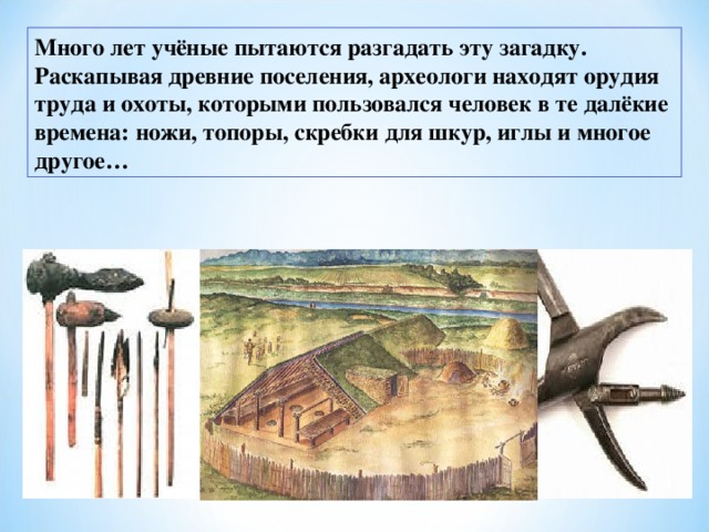 Много лет учёные пытаются разгадать эту загадку. Раскапывая древние поселения, археологи находят орудия труда и охоты, которыми пользовался человек в те далёкие времена: ножи, топоры, скребки для шкур, иглы и многое другое… 