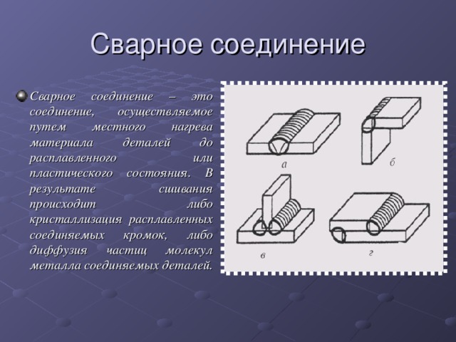 Сварное соединение Сварное соединение – это соединение, осуществляемое путем местного нагрева материала деталей до расплавленного или пластического состояния. В результате сшивания происходит либо кристаллизация расплавленных соединяемых кромок, либо диффузия частиц молекул металла соединяемых деталей. 