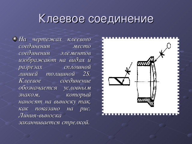 Клеевое соединение На чертежах клеевого соединения место соединения элементов изображают на видах и разрезах сплошной линией толщиной 2S . Клеевое соединение обозначается условным знаком, который наносят на выноску так, как показано на рис. Линия-выноска заканчивается стрелкой. 