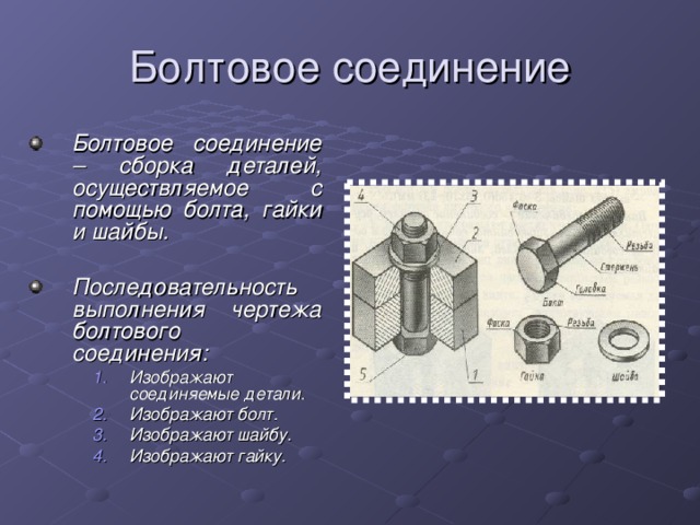 Болтовое соединение Болтовое соединение – сборка деталей, осуществляемое с помощью болта, гайки и шайбы.  Последовательность выполнения чертежа болтового соединения: Изображают соединяемые детали. Изображают болт. Изображают шайбу. Изображают гайку. Изображают соединяемые детали. Изображают болт. Изображают шайбу. Изображают гайку. Изображают соединяемые детали. Изображают болт. Изображают шайбу. Изображают гайку. 