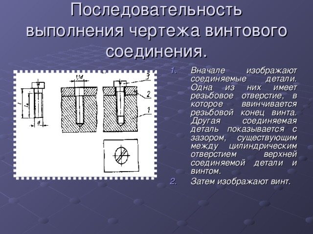 Последовательность выполнения чертежа винтового соединения. Вначале изображают соединяемые детали. Одна из них имеет резьбовое отверстие, в которое ввинчивается резьбовой конец винта. Другая соединяемая деталь показывается с зазором, существующим между цилиндрическим отверстием верхней соединяемой детали и винтом. Затем изображают винт. 