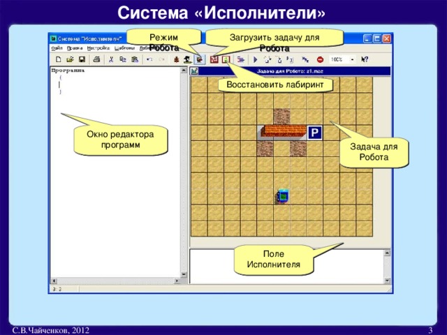 Система «Исполнители» Режим Робота Загрузить задачу для Робота Восстановить лабиринт Окно редактора программ Задача для Робота Поле Исполнителя С.В.Чайченков, 2012  