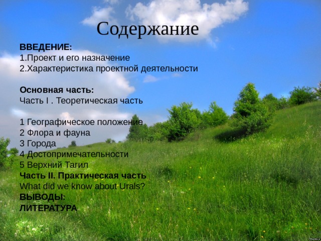 Содержание ВВЕДЕНИЕ: 1.Проект и его назначение  2.Характеристика проектной деятельности   Основная часть: Часть I . Теоретическая часть  1 Географическое положение 2  Флора и фауна 3 Города 4  Достопримечательности 5 Верхний Тагил Часть II . Практическая часть What did we know about Urals? ВЫВОДЫ: ЛИТЕРАТУРА  