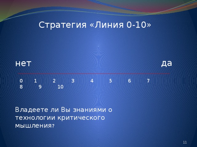 Стратегия «Линия 0-10»  да нет 0 1 2 3 4 5 6 7 8 9 10 Владеете ли Вы знаниями о технологии критического мышления ? 9 