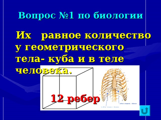 Вопрос №1 по биологии  Их равное количество у геометрического тела- куба и в теле человека.   12 ребер 