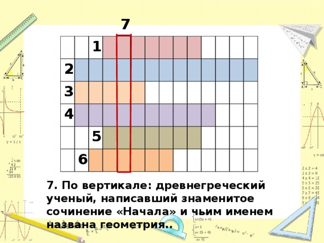 7 2 1 3 4 5 6 7. По вертикале: древнегреческий ученый, написавший знаменитое сочинение «Начала» и чьим именем названа геометрия.. 
