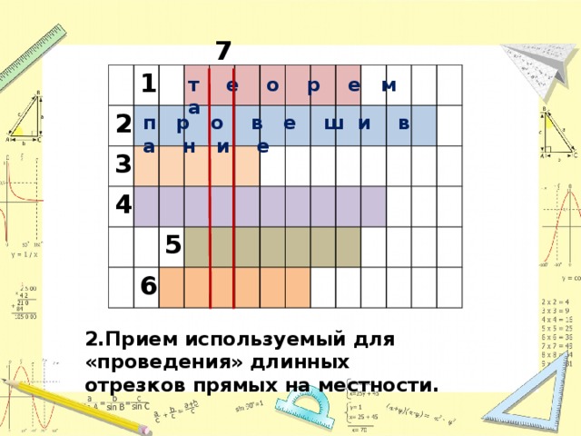 7 1 2 3 4 5 6 т е о р е м а п р о в е ш и в а н и е 2.Прием используемый для «проведения» длинных отрезков прямых на местности. 