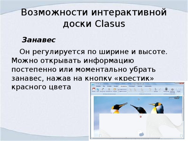 Возможности интерактивной доски Clasus  Занавес  Он регулируется по ширине и высоте. Можно открывать информацию постепенно или моментально убрать занавес, нажав на кнопку «крестик» красного цвета