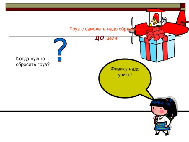 Груз с самолета надо сбрасывать  ДО цели! Когда нужно сбросить груз? Физику надо учить! 