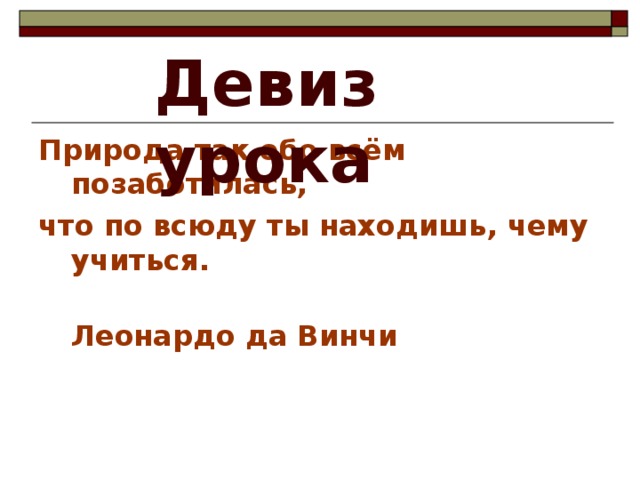 Девиз урока Природа так обо всём позаботилась, что по всюду ты находишь, чему учиться.  Леонардо да Винчи 