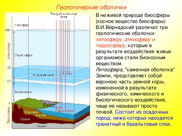 Геологические оболочки В неживой природе биосферы (косное вещество биосферы) В.И.Вернадский различал три геологические оболочки: литосферу, атмосферу и гидросферу , которые в результате воздействия живых организмов стали биокосным веществом. Литосфера, 