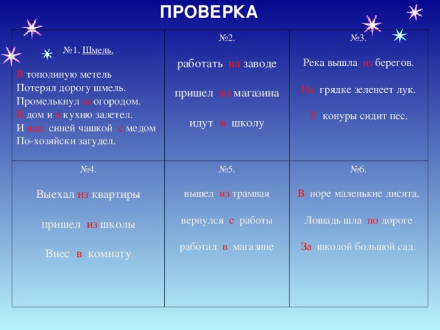 ПРОВЕРКА № 1. Шмель. № 4. Выехал из квартиры   пришел из школы   Внес в комнату № 2. работать на заводе   пришел из магазина   идут в школу В  тополиную метель  Потерял дорогу шмель.  Промелькнул за огородом.  В дом и в кухню залетел.  И над синей чашкой с медом  По-хозяйски загудел. № 3. Река вышла из берегов.   № 5. вышел из трамвая   вернулся с работы   работал в магазине На грядке зеленеет лук.   У конуры сидит пес. № 6. В норе маленькие лисята.  Лошадь шла по дороге   За школой большой сад.