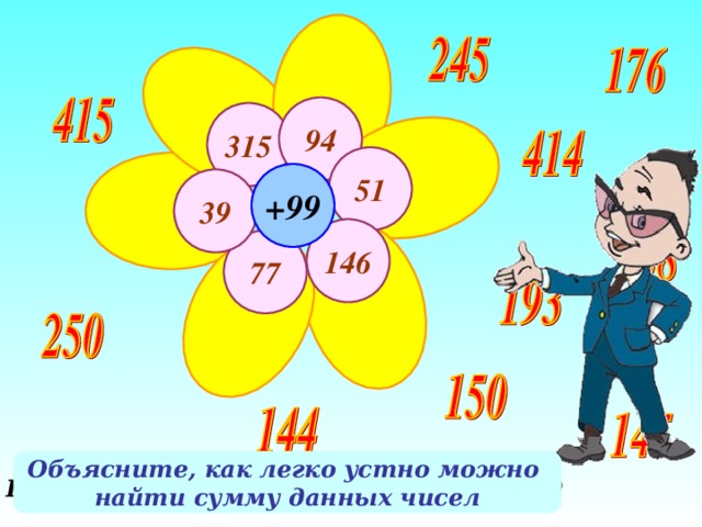 94 315 51 +99 39 146 77 Объясните, как легко устно можно найти сумму данных чисел Найдите сумму числа на лепестке и 99 