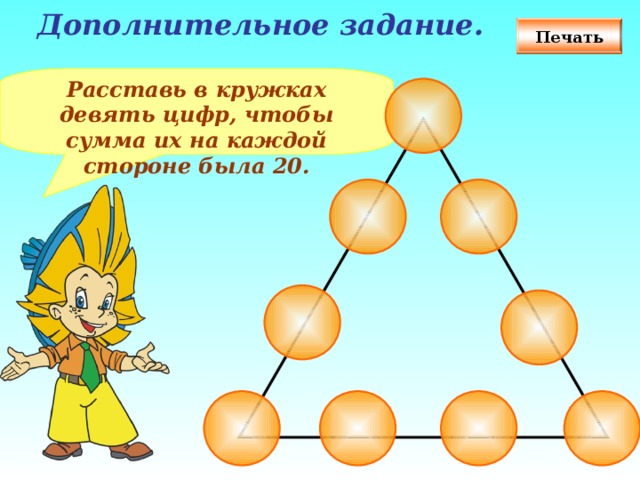 Дополнительное задание. Печать Расставь в кружках девять цифр, чтобы сумма их на каждой стороне была 20. Данное задание можно распечатать и раздать каждому ребенку.  