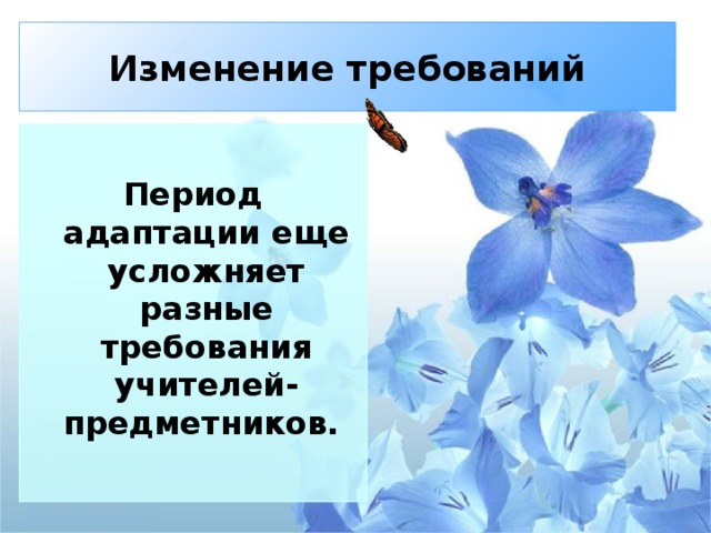 Изменение требований Период адаптации еще усложняет разные требования учителей-предметников.