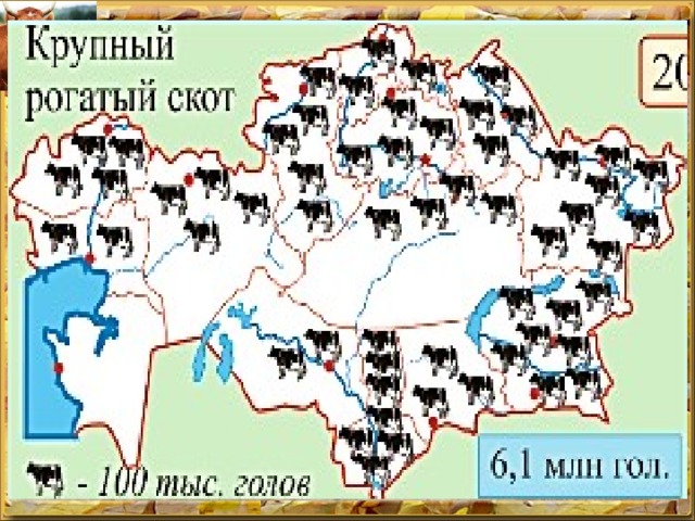 Крупный рогатый скот Красная алатауская Казахская белоголовая Различают районы молочного, мясного и смешан­ного мясо-молочного (или молочно-мясного) скотоводства в зависимости от преобладания пород крупного  рогатого скота. 3/5 поголовья – Север и Юг  1. Динамика поголовья крупного рогатого скота Диаграмма 17, стр. 155 2. В каких районах и почему разводят КРС? 3. Назовите ценные породы КРС.  