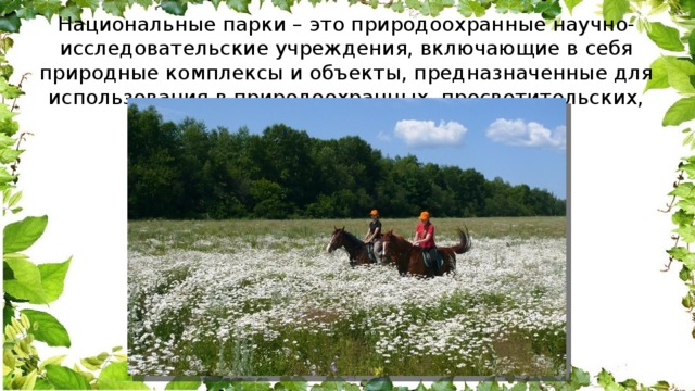 Национальные парки – это природоохранные научно-исследовательские учреждения, включающие в себя природные комплексы и объекты, предназначенные для использования в природоохранных, просветительских, научных и культурных целях. 