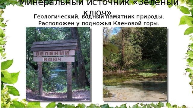 Минеральный источник «Зеленый ключ»    Геологический, водный памятник природы. Расположен у подножья Кленовой горы. 