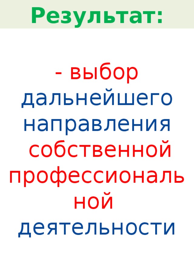 Результат: - выбор дальнейшего направления  собственной профессиональной деятельности 