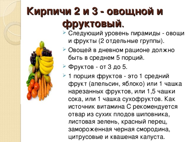  Кирпичи 2 и 3 - овощной и фруктовый .     Следующий уровень пирамиды - овощи и фрукты (2 отдельные группы). Овощей в дневном рационе должно быть в среднем 5 порций. Фруктов - от 3 до 5. 1 порция фруктов - это 1 средний фрукт (апельсин, яблоко) или 1 чашка нарезанных фруктов, или 1,5 чашки сока, или 1 чашка сухофруктов. Как источник витамина С рекомендуется отвар из сухих плодов шиповника, листовая зелень, красный перец, замороженная черная смородина, цитрусовые и квашеная капуста . 
